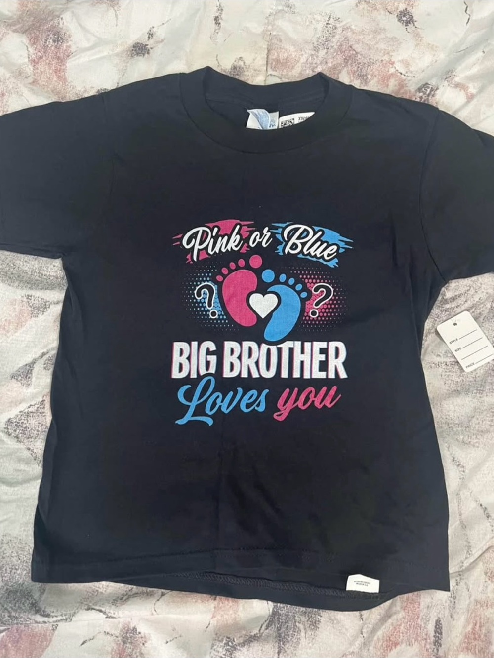 Port and Company Black Kids Tee with Pink & Blue Gender Reveal Graphic size 5/6